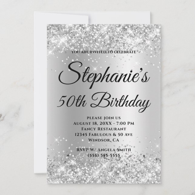 Silver Glitter Pale Grey Gradient Invitation (Front)