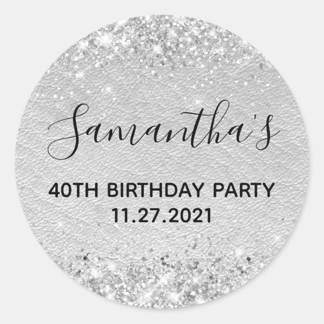 Silver Glitter Pale Grey Leather 40th Birthday Classic Round Sticker (Front)