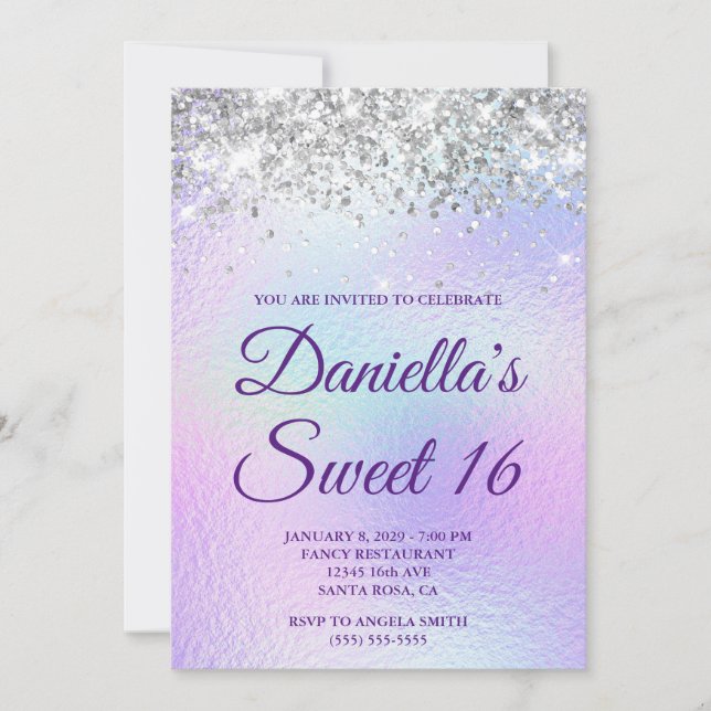 Silver Glitter Pale Iridescent Foil Sweet 16 Invitation (Front)