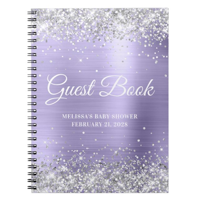 Silver Glitter Pale Lavender Baby Shower Guestbook Notebook (Front)