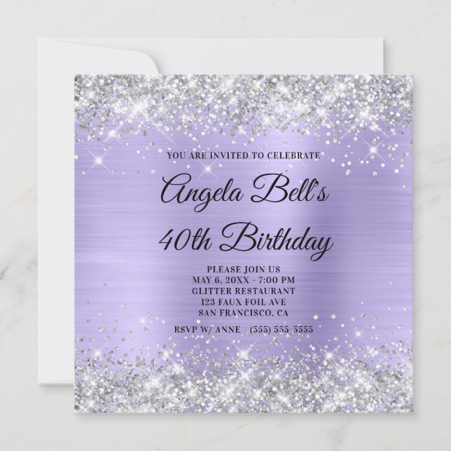 Silver Glitter Pale Lavender Shimmer Foil Monogram Invitation (Front)