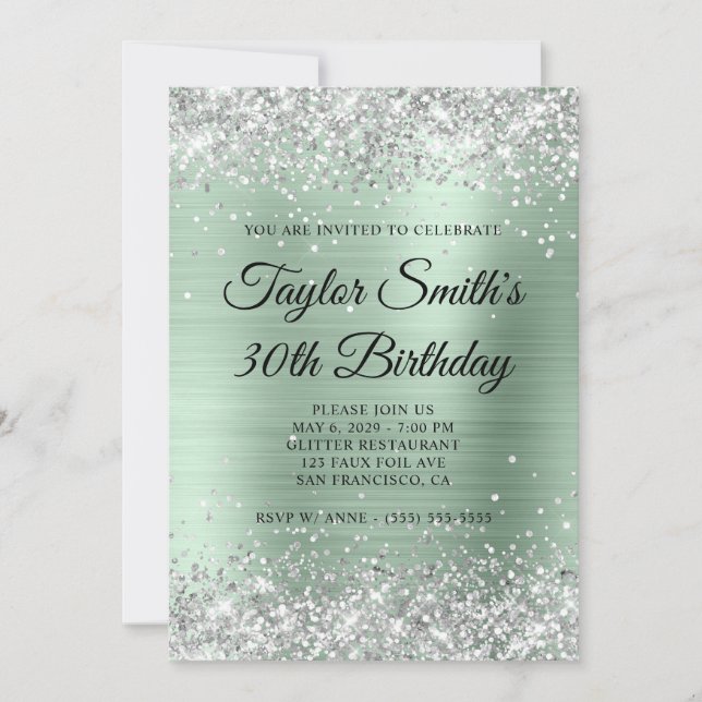 Silver Glitter Pale Mint Monogram 30th Birthday Invitation (Front)