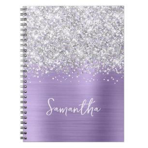 Silver Glitter Pale Purple Glam Script Name Notebook