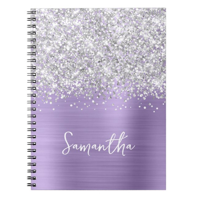 Silver Glitter Pale Purple Glam Script Name Notebook (Front)
