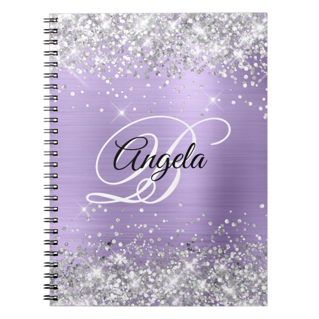 Silver Glitter Pale Purple Metallic Fancy Monogram Notebook (Front)