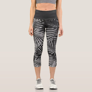 Silver Glitter Palm Tree Black Modern Abstract  Capri Leggings