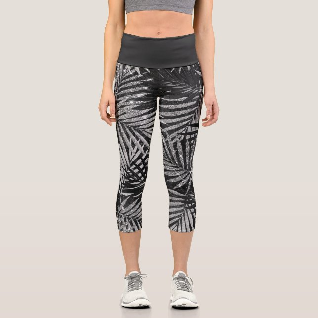 Silver Glitter Palm Tree Black Modern Abstract  Capri Leggings (Front)