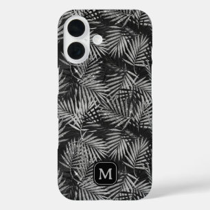 Silver Glitter Palm Tree Black Modern Monogram iPhone 16 Case