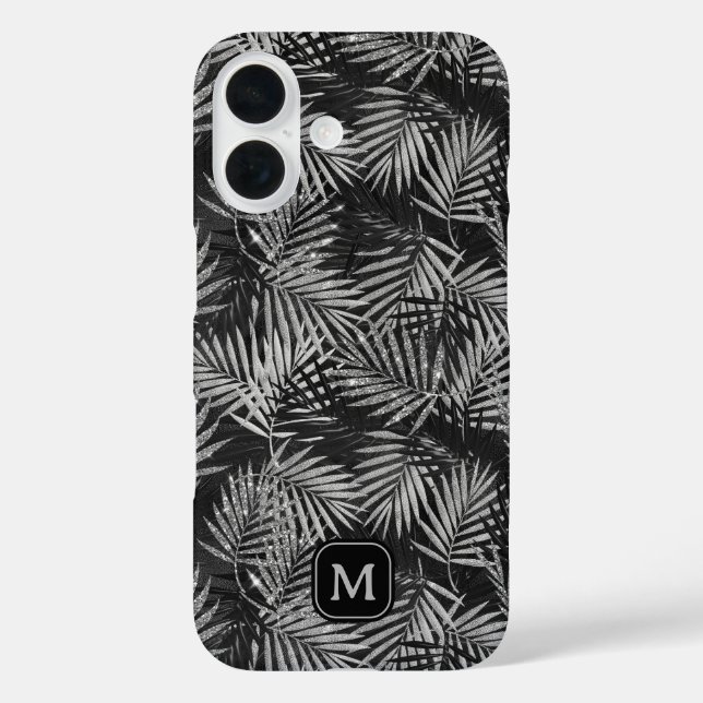Silver Glitter Palm Tree Black Modern Monogram Case-Mate iPhone Case (Back)