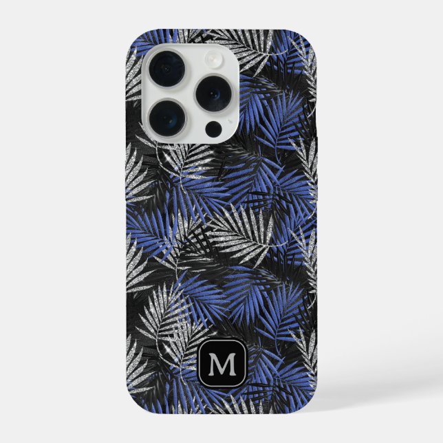 Silver Glitter Palm Tree Blue Modern Monogram iPhone Case (Back)