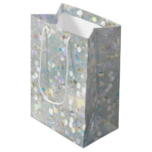 Silver Glitter Party Blue White Bokeh Birthday Medium Gift Bag