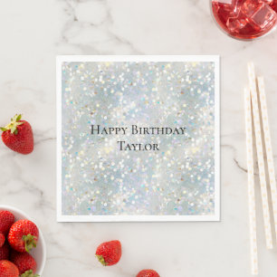 Silver Glitter Party Blue White Bokeh Birthday Napkin