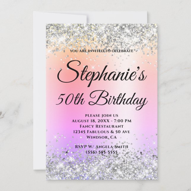Silver Glitter Pastel Rainbow Gradient Invitation (Front)