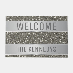 Silver Glitter Pattern Family Name Welcome Doormat