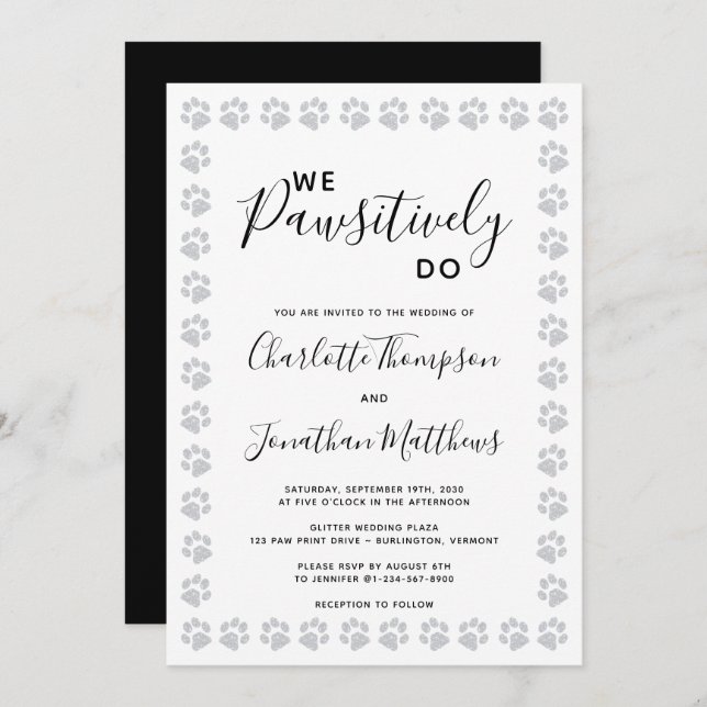 Silver Glitter Paw Prints Wedding Invitation (Front/Back)