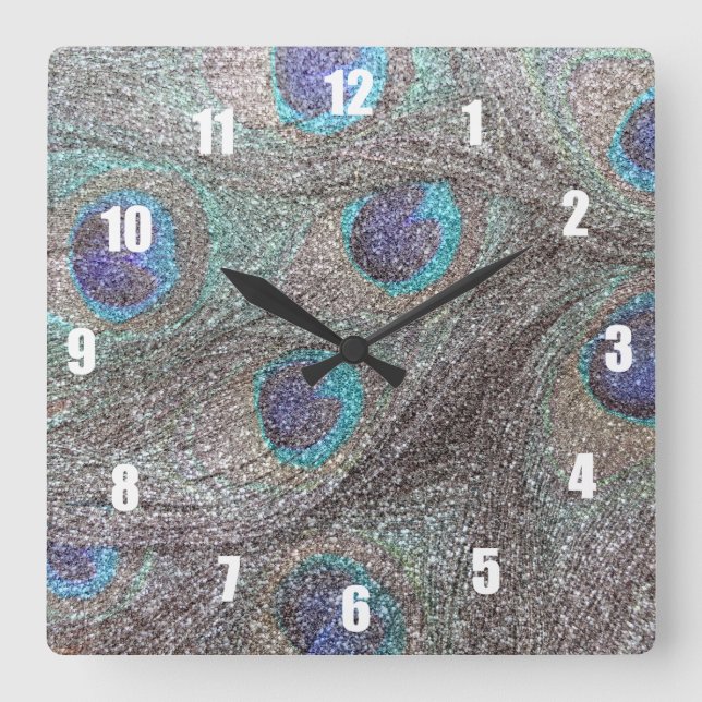 Silver glitter peacock feathers square wall clock (Front)