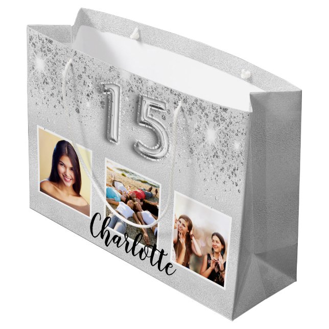 Silver glitter photo name Quinceanera Large Gift Bag (Back Angled)