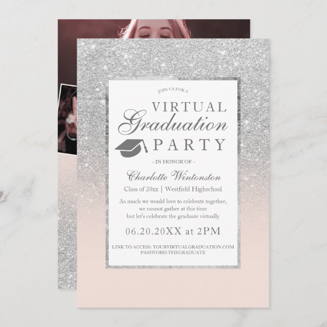 Silver glitter photos virtual Graduation party Invitation (Front/Back)