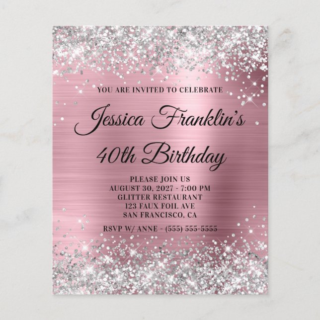 Silver Glitter Pink 40th Birthday Budget Invite (Front)
