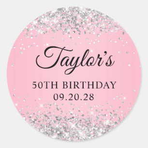 Silver Glitter Pink 50th Birthday Classic Round Sticker
