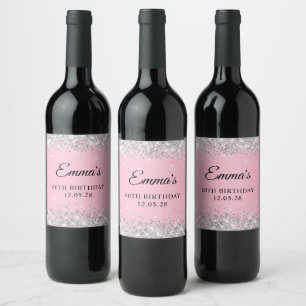 Silver Glitter Pink 60th Birthday Wine Label
