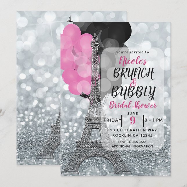 Silver Glitter Pink Black Balloons Eiffel Tower Invitation (Front/Back)