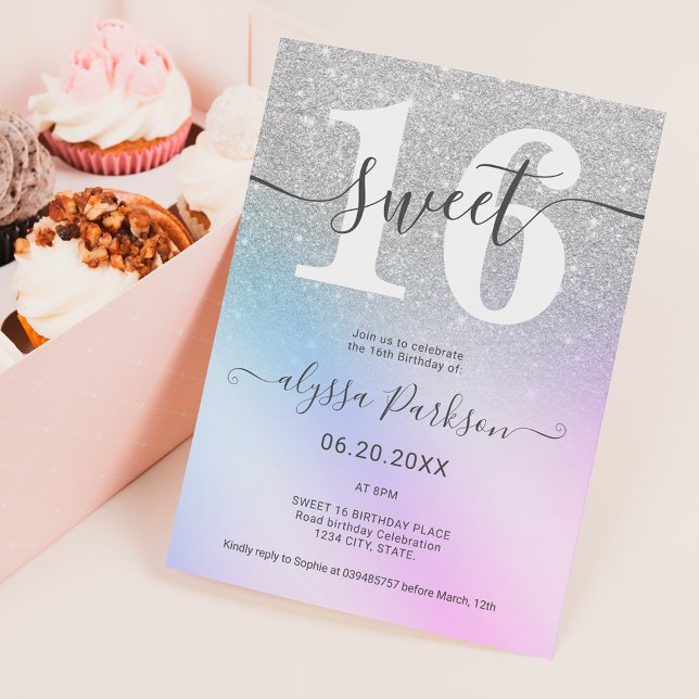 Silver glitter pink blue chic girly Sweet 16 Invitation (Creator Uploaded)