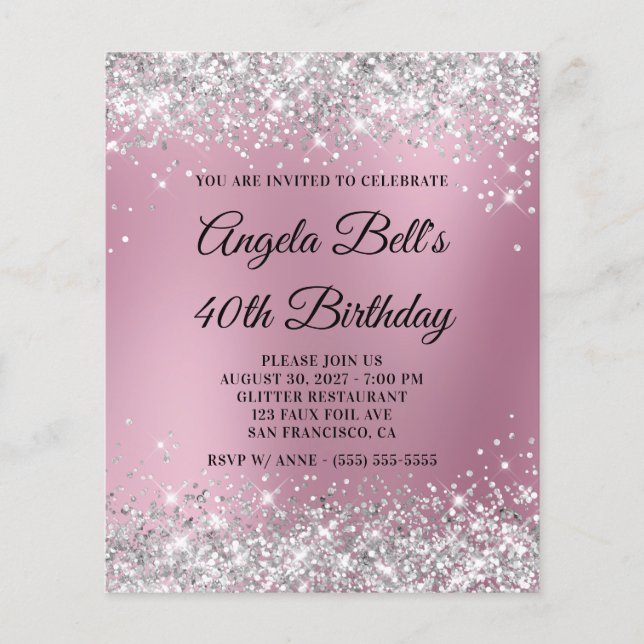 Silver Glitter Pink Blur 40th Birthday Invite Flyer (Front)
