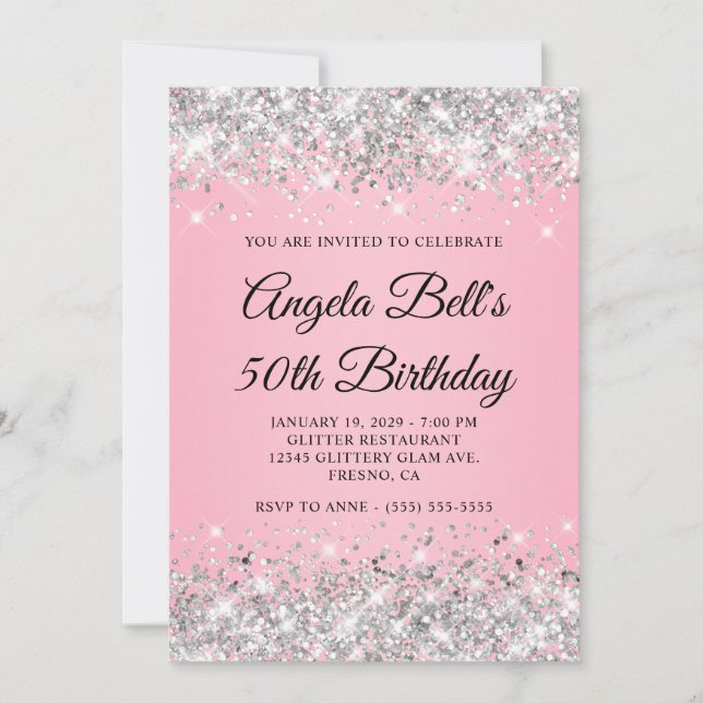 Silver Glitter Pink Fancy Monogram 50th Birthday Invitation (Front)