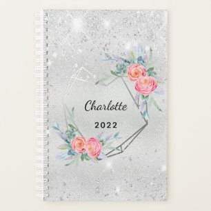 Silver glitter pink florals monogram 2025 planner
