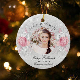Silver glitter pink florals photo memorial ceramic ornament