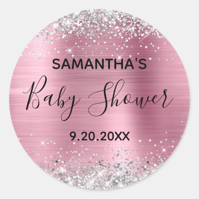 Silver Glitter Pink Foil Baby Shower Classic Round Sticker (Front)