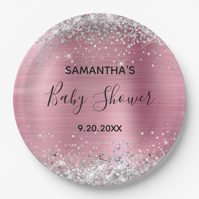 Silver Glitter Pink Foil Baby Shower Paper Plate (Front)