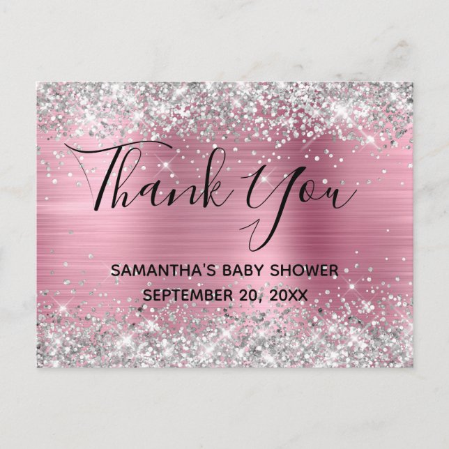 Silver Glitter Pink Foil Baby Shower Thank You Postcard (Front)