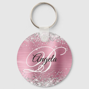 Silver Glitter Pink Foil Fancy Monogram Keychain