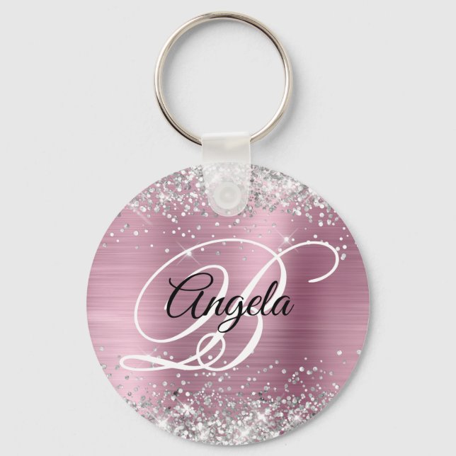 Silver Glitter Pink Foil Fancy Monogram Keychain (Front)