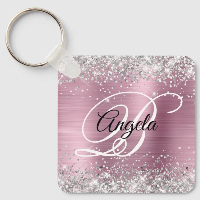 Silver Glitter Pink Foil Fancy Monogram Keychain (Front)