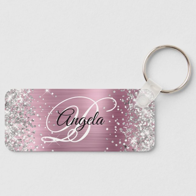 Silver Glitter Pink Foil Fancy Monogram Keychain (Front)