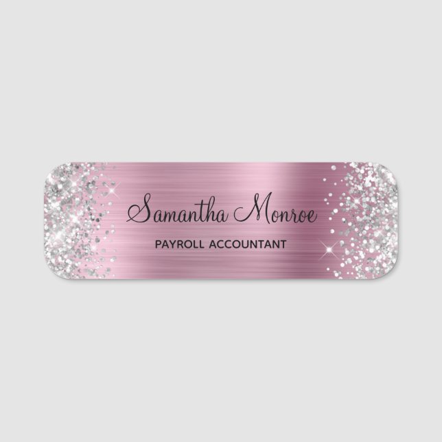 Silver Glitter Pink Foil Name Title Name Tag (Front)