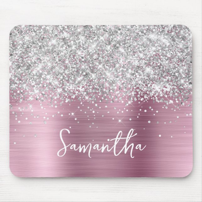 Silver Glitter Pink Glam Name Mouse Pad (Front)