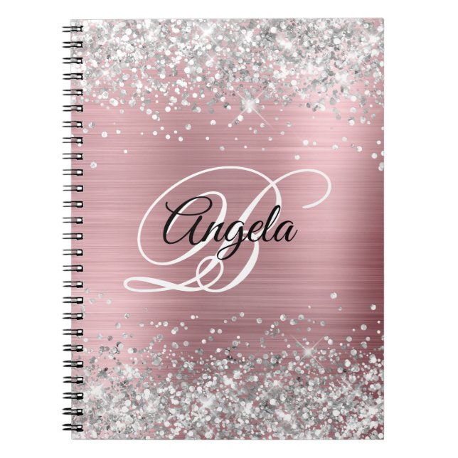 Silver Glitter Pink Metallic Fancy Monogram Notebook (Front)