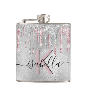 Silver glitter pink monogram sparkle script hip flask