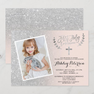 Silver glitter pink ombre first communion photo invitation