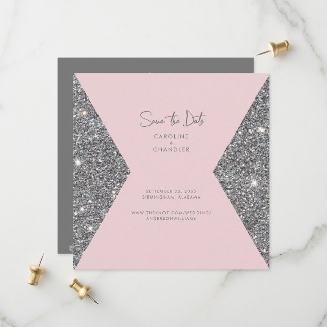 Silver Glitter & Pink Photo Wedding  Save The Date (Front/Back In Situ)