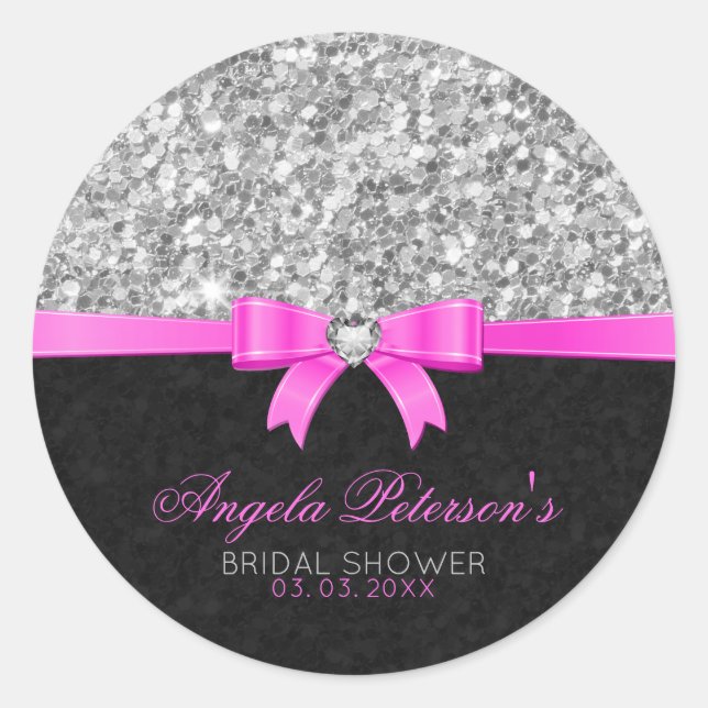 Silver Glitter Pink Ribbon Classic Round Sticker (Front)
