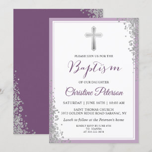 Silver Glitter Plum Purple Girl Baptism Invitation