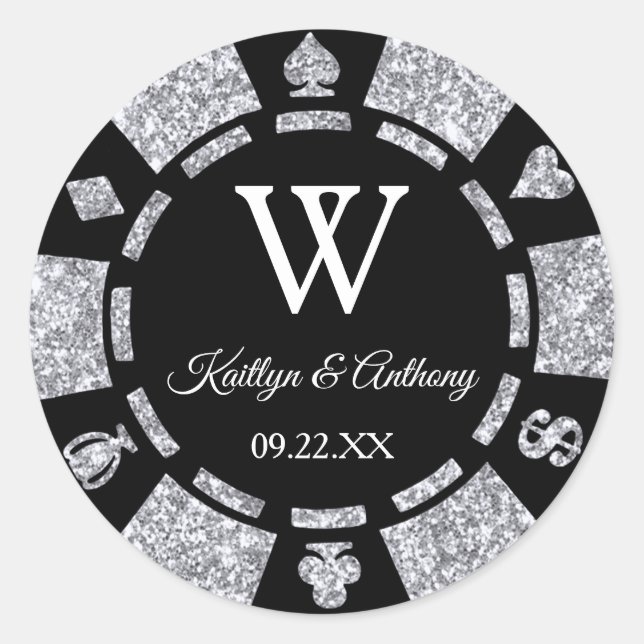 Silver Glitter Poker Chip Casino Wedding Classic Round Sticker (Front)