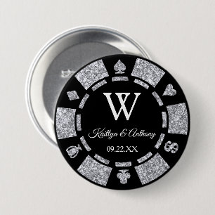Silver Glitter Poker Chip Casino Wedding Favour 3 Inch Round Button