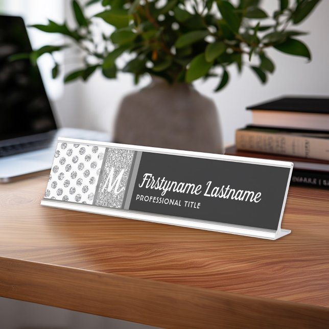 Silver Glitter Polka Dot Monogram Can CHANGE colou Desk Name Plate (Personalized Name Plate with Custom Name)