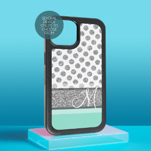 Silver Glitter Polka Dot Monogram Can CHANGE colou iPhone 15 Case